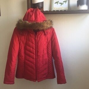 $49 SALE Puffer Down Coat Jacket Removable Hood Faux Fur Trim Winter Fall Red